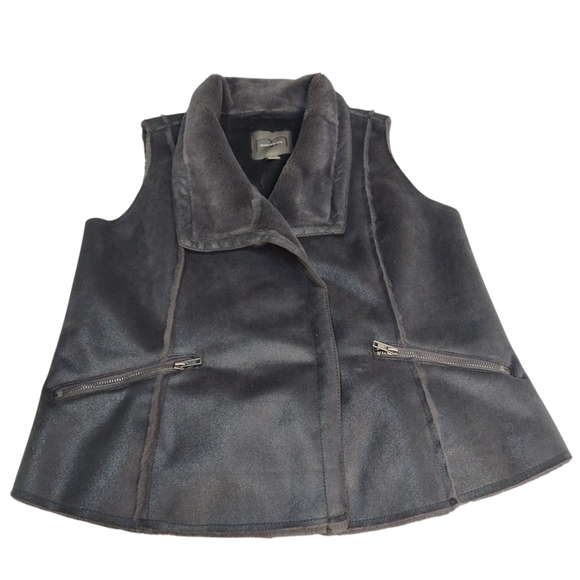 Maurices Womens Dark Gray Faux Suede Vest Shimmer Faux Fur Lining Snap Size L - Picture 3 of 9
